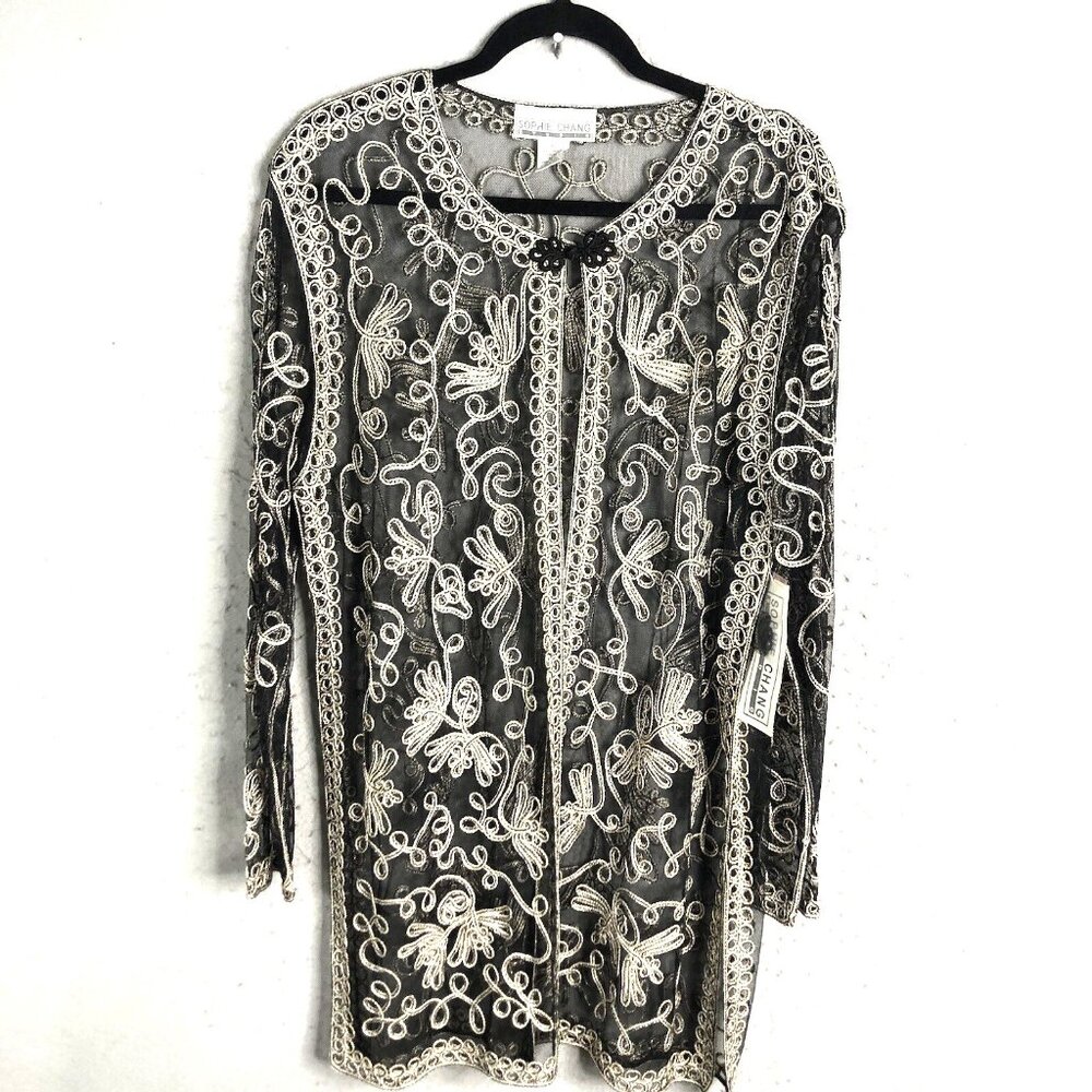 Sophie Chang Studio Jacket Women XL Black Gold Brocade Sheer Duster Topper Event